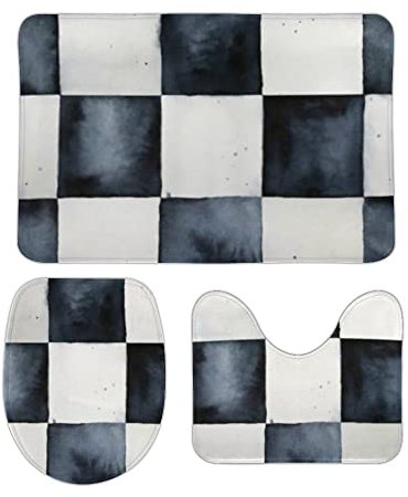 Badgarnitur 3 Teilig Aquarell Schachbrettmuster Schwarz Weiß Weiche Contour Badteppich Waschbar Toilettensitzbezug für Dekoration Badezimmer
