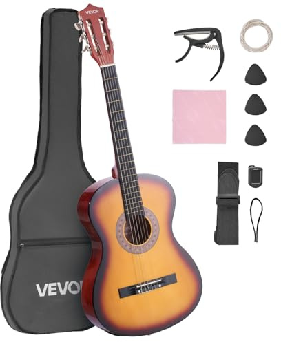 VEVOR 96 cm akustisk gitarr för nybörjare, klassisk gitarr full startsats med nylonsträngar, spelväska, rem, tuner, extra strängar, pick, capo, för tonåringar vuxna studenter ungdomar, Sunburst