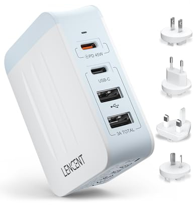 LENCENT 45W International Cell Phone Charger with 2 PD Type-C+2 USB-A | Multiple USB Wall Charger, Fast Charger Block for All iPad iPhone 15/14/13 Pro Max Pixel Note Galaxy, UK/USA/EU/AUS