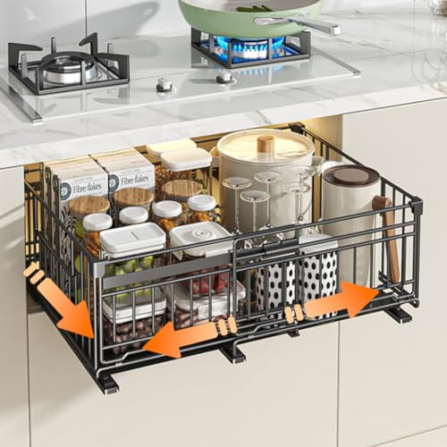 1 Stück Ausziehbare Teleskopschublade Küchen Organizer, 32,5-50 cm Breite | Ausziehbare Schublade Küche aus Metall für Küchenschrank Organizer, Spülschrank Organizer zum Kleben oder Schrauben, Schwarz
