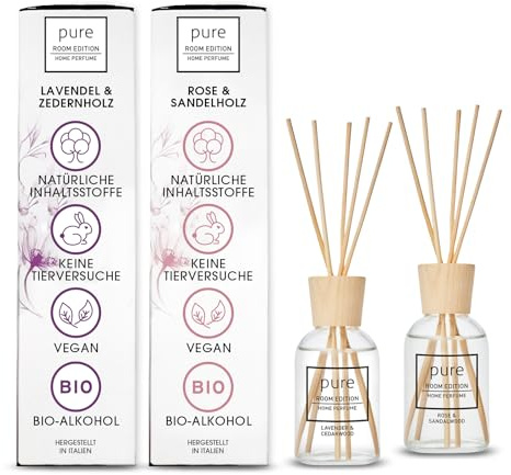 PURE ROOM EDITION Raumduft Set Ruhe & Leidenschaft 2x100ml Duft: Wellness | für Zuhause, beruhigend & entspannend, Diffuser mit Duftstäbchen, natürliche Inhaltstoffe, tierversuchsfrei, Lavendel & Rose