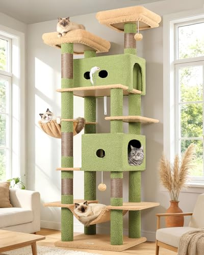 Globlazer S80B Kratzbaum Kaktus Grün XXL 204 cm für Große Katzen Katzenbaum | Mehrstöckiger, 2 Große Katzenhaus, 2 Plattform, Hängematte, Korb, für Schwere Katzen Innen, Einfach Montieren, Robust Sicher