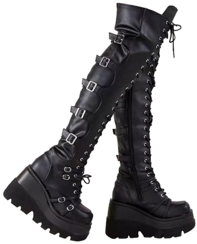 Glamidea Stivali Overknee per Donna Neri in Stile Gotico Punk con Lacci e Fibbia Eleganti Plateau Stivali Lunghi a Tacco Spesso Caldi per L'inverno e Casual