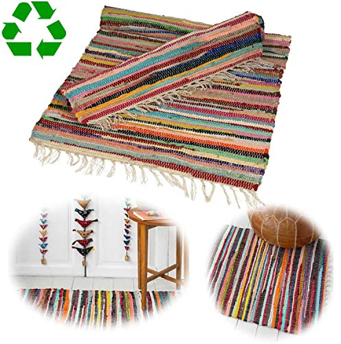 LS-LebenStil Fleckerlteppich Dehli 90x60cm Bunt recycelte Baumwolle Boho Flickenteppich Fransen Regenbogen Farben Läufer Vorleger für Wohnzimmer Flur Kinderzimmer Badezimmer