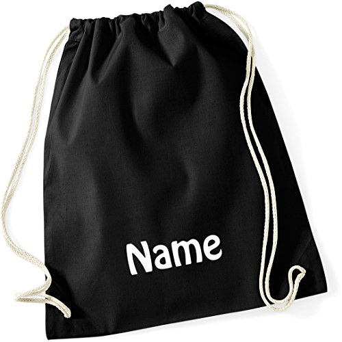 Schnoschi Turnbeutel schwarz mit Namen Bestickt aus 100% Baumwolle, Sportbeutel, Schwimmbeutel, Gym Sack, Gym Bag