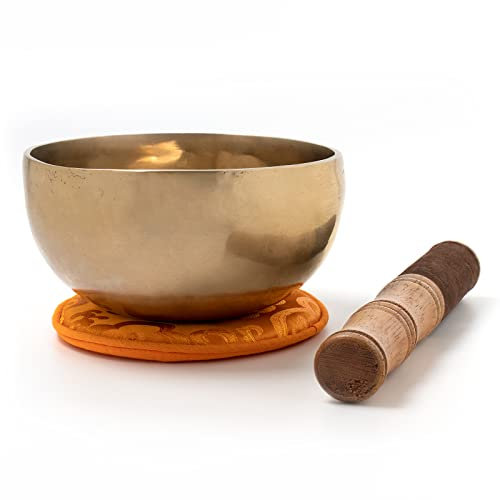 Traditionelle Klangschale handgehämmert aus Nepal, Herzschale, inklusive orangefarbener Unterlage mit Lotusblüte sowie einem Holz-/Lederklöppel -2112- …