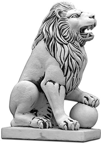 gartendekoparadies.de Statue Löwe mit Kugel Links, Steinfigur, H. 128 cm, 450 kg, Grau, frostsicher aus Steinguss für Außenbereich