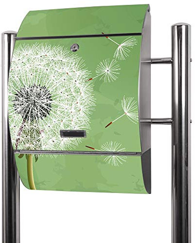 banjado® Standbriefkasten Edelstahl mit Zeitungsfach Motiv Pusteblume 3 / Briefkasten mit Standfuß/Edelstahl Briefkasten freistehend - A4 Einwurf inkl. 2 Schlüssel