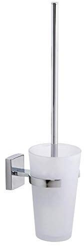 tesa KLAAM WC-Garnitur, satiniertes Glas und verchromter Edelstahl - Toilettenbürsten-Set zur Wandbefestigung ohne Bohren, inkl. Klebelösung - 92mm x 416mm x 131mm