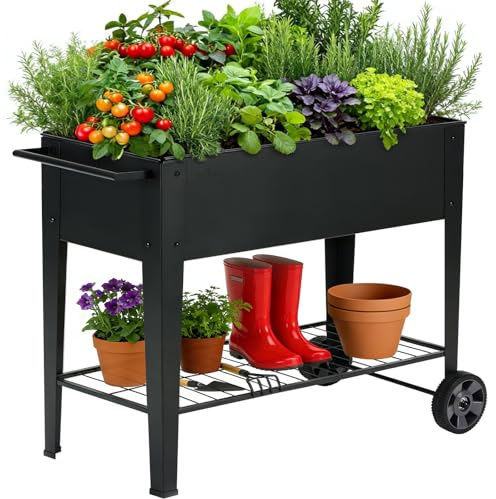 FOYUEE 31.5 Tall Raised Garden Bed with Wheels, Extra 15.7 W Planter Box (400 lbs Loads) with Storage Shelf & Handle,Heavy Duty Metal Garden Planter for Vegetables, Herbs & Flowers, Patio & Balcony