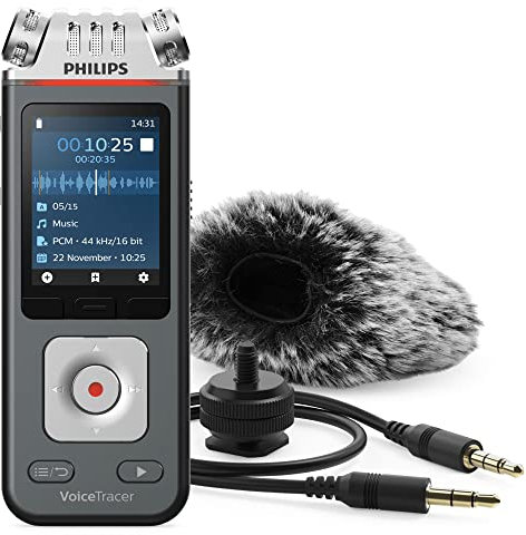Philips Voice Tracer Audio Recorder DVT7110/00 Digital Notes Three Fidelity Microphone Rechargeable Battery Smartphone App with Windscreen Muff and tripod mount