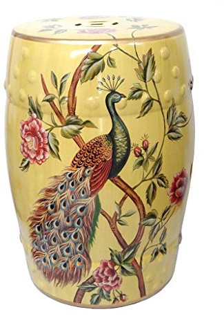 MAISONICA Oriental Chinese Yellow Porcelain Stool Seat Peacocks Peonies Flowers 45cm