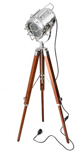 Hollywood Lampadaire fait à la main en chrome nautique avec trépied en bois