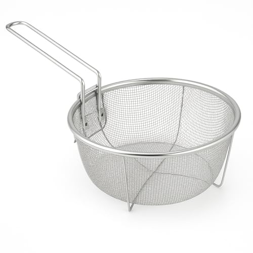 Space Home - Cestillo para Freír con Mango Plegable y Enganches para la Sartén - Cesta Freidora Redonda - Acero Inoxidable - 23 cm