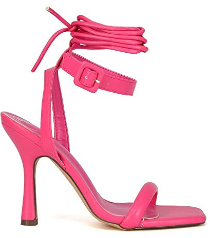ESSEX GLAM Womens Lace Up Strappy Ankle Strap Sandals Ladies Square Toe Curved Block Heel Party Shoes Size 3-8