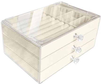 Jemjosh Transparenter Schmuck-Organizer aus Acryl mit 3 Schubladen, stapelbar, zur Aufbewahrung von Ohrringen, Halsketten, Ringen, Armbändern, Box für Damen, Beige