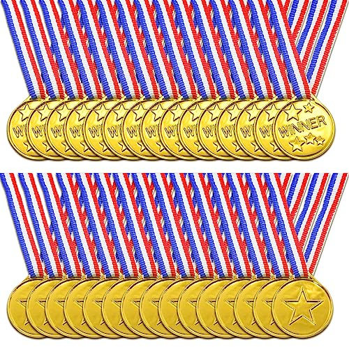 Brelet Medaglia per bambini, 30 medaglie d'oro vincitore medaglie in plastica con collana per concorso premi tema sport giorno o giochi olimpici bambino evento scolastico