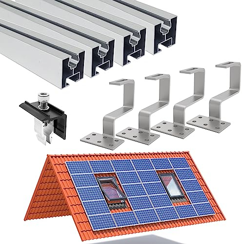 TEOV PV Montageset Ziegeldach Glasziegeldach, Befestigung Solarmodul Halterung mit 30cm Photovoltaik Montageschiene und Dachhaken, Solarpanel Halterung mit Endklemme, für 30~50mm 1 Solarmodule