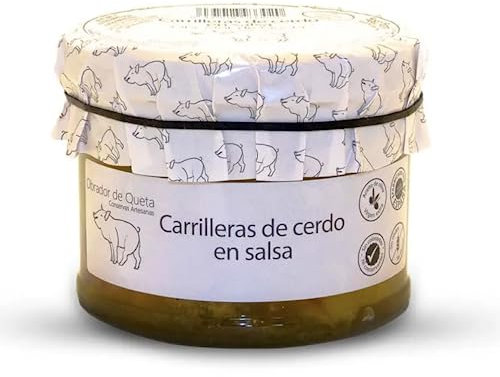 Joues de porc au vin blanc. Conserves gourmandes. Joues mijotées 440grs. Recette familiale, maison et artisanale. Cadeau original pour tout le monde. Produit 100% fabriqué en Espagne. Plats cuisinés.