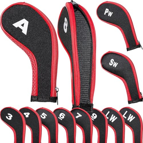 YoiYee Premium Golfschläger-Schutzhüllen, strapazierfähiges Nylon und Netzgewebe, stylisches Rot + Schwarz, Golfschläger-Schutz, Golfzubehör für Damen und Herren, 10 Stück