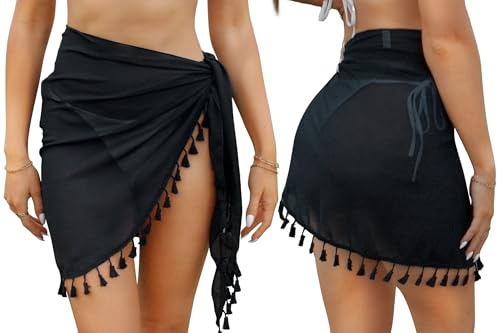 Aiseyi Sarong strandskydd för kvinnor strandkläder chiffong strand omlottkjol med fransar 2 st, 2 st svart, en storlek