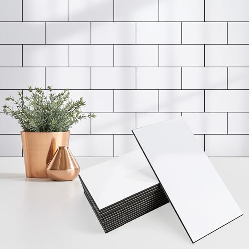 StyloVue 100 Pieces Peel and Stick Backsplash for Kitchen, 3 x 6 PVC Subway Tile 2026 Upgraded Glossy White with Dark Gray Grout Backsplash Stick on Tile Elevate Kitchen, Bathroom, Fireplace,RV