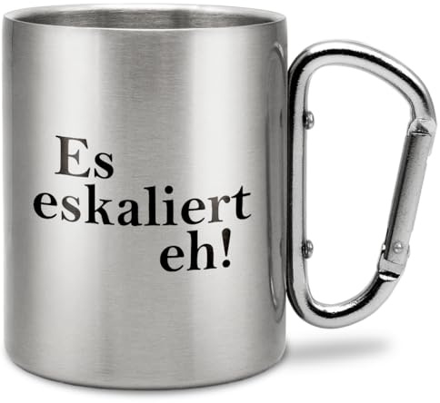 Prozente Momente Es eskaliert eh! | Edelstahl-Trinkbecher mit Karabinerhaken | Geschenkidee | 330 ml | Becher | Camping | Vereine | Silber