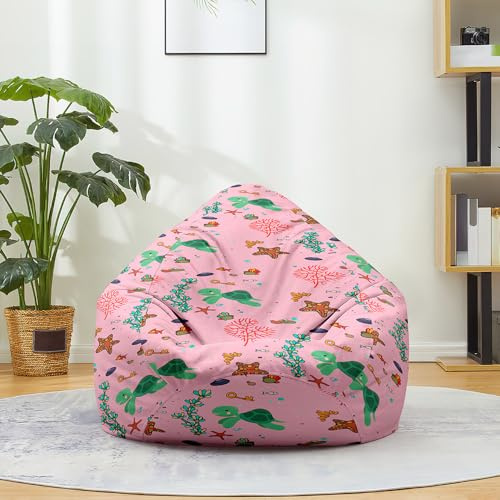 Treer Fodera per Pouf a Sacco Contenitore, Stampa da Tartaruga Marina Copertura per Poltrona Sacco Senza Imbottitura, Lino Pouf a Forma di Pera Bean Bag Cover con Cerniera (100x120 cm,Rosa)