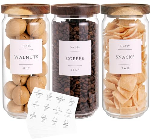 CZZGSM 3 Set Glass Pantry Storage Jars with Acacia Airtight Lid - 35oz Thicken Glass Kitchen Canisters with 132 Pantry Labels - Clear Food Storage Containers with Wood Lid for Tea,Sugar,Cookie,Pasta