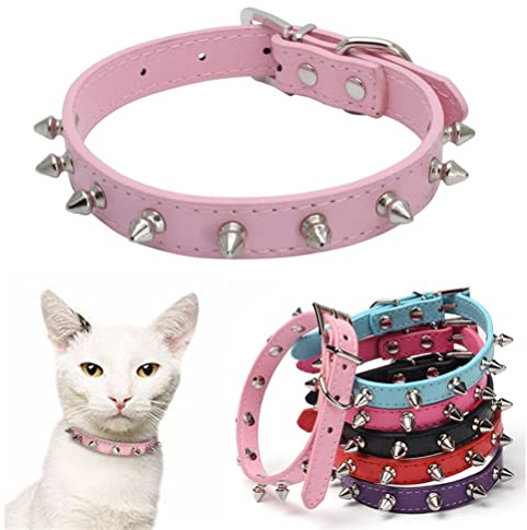 Spiked Dog Collar for Small Dogs, Mushrooms Rivet Soft Pu Leather Spike Stud Studded Cat Collar Adjustable for Mini Tiny Breed Pet Teacup Puppy Pink S