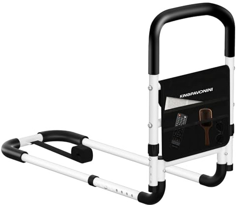 KingPavonini Bed Rails for Elderly Adults Safety - Adjustable Bed Cane with Non-Slip Ergonomic Handle and Storage Pocket, Bed Railings for Seniors Hold up to 350 Lbs, Tool-Free Installation