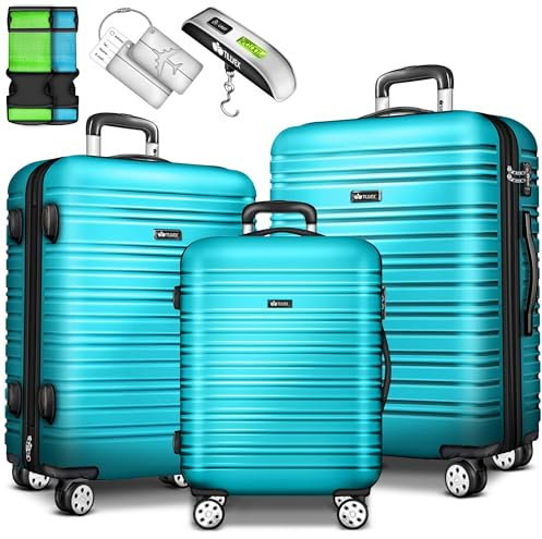 tillvex® Reisekoffer Set 3-tlg mit Gepäckwaage, Koffergurte und Kofferanhänger | Hartschale Kofferset 4 Rollen | Trolley Gepäck Koffer mit TSA Schloss | Rollkoffer Hartschalenkofferset M-L-XL (Türkis)