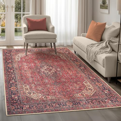 artyrugs Machine Washable Rug, 152x213cm, 75% Recycled Cotton, Short Pile, Non-Slip Backing, Non-Shedding, Suitable for Living Room, Bedroom, Kitchen, Hallway, Office, Aesthetic Crimson Red