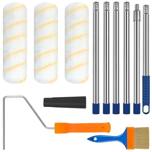 Rainmae Kit rullo per vernice con asta di estensione, 3 rulli da 22,9 cm, asta di estensione in acciaio inox da 2,4 m, copertura per rullo in microfibra per pittura di pareti di casa