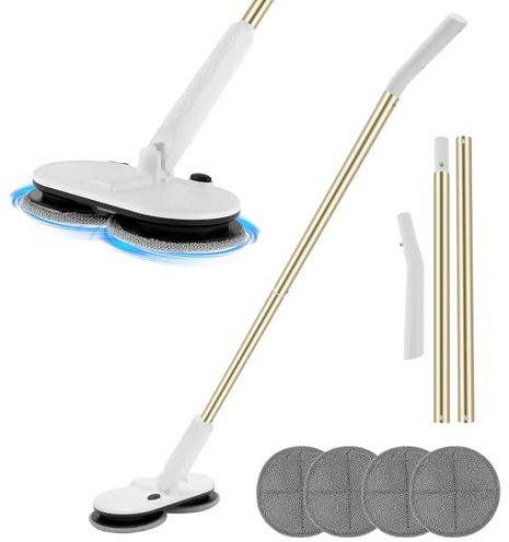 Potente mopa giratoria de doble motor con 4 almohadillas de microfibra reutilizables, mopa eléctrica inalámbrica para suelos de madera dura y azulejos, limpieza de suelos y limpiador de suelos