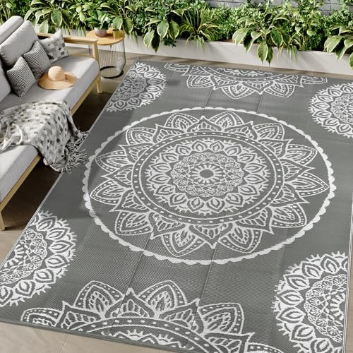 Famibay Outdoor Teppich Wetterfest 245x305cm Reversible Camping Teppich Outdoor Wasserfest Grau Kunststoff Wendbar Leicht Outdoorteppich für Terrasse Garten Balkon Camping Innen Außen