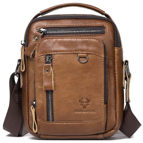 HUMERPAUL Messenger Bag for Men, Man Bag Genuine Leather Crossbody Shoulder Bag Handbag Satchel Bags for Work Travel (Brown)