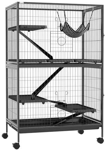 PawHut Jaula para Animales Pequeños de 4 Niveles Jaula para Roedores con Ruedas Rampas Hamaca Colgante y Bandeja Extraíble Recinto para Conejos Chinchillas Hurones 80x52x128 cm Gris Oscuro