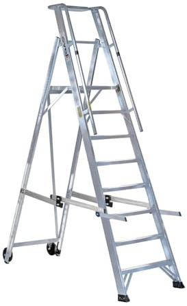 Svelt Scala Doppia Professionale in Alluminio con Piattaforma Ampia, Guarda-Corpo e Ruote – Certificata, Portata 150 kg (8 Gradini)