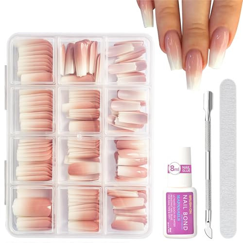 Press On Nails Kit - Long Medium Square French Tip False Nails With Glue - Glossy Nude Pink Gradient Coffin Fake Nails Set - Full Cover Acrylic Stick On Nail For Women Girls DIY Nails Art Manicure