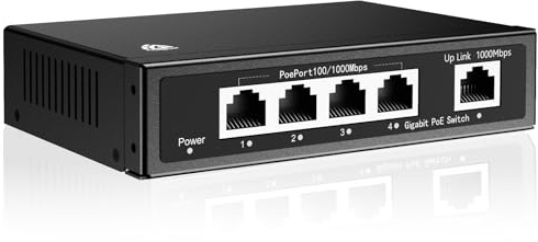 AKINGUAR 4 Port Gigabit PoE Switch with a Uplink Gigabit Port, 1000 Mbps Unmanaged Ethernet Switch with 65W Total Power, Metal Casing, Desktop or Wall-Mount, Support PoE Power Supply