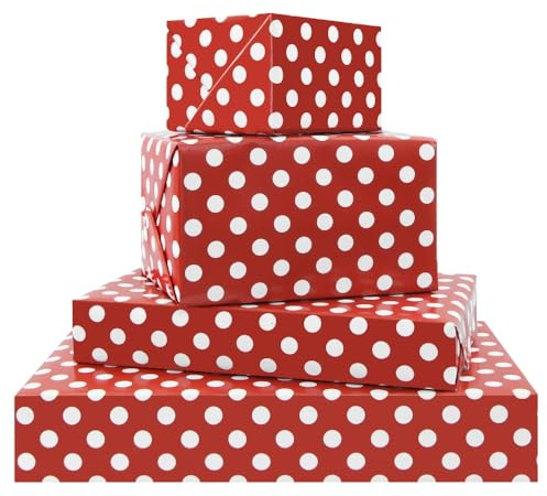 Röd och vit prickig presentpapper, 4 stycken jul och alla helgdagar vikt platt presentpapper 4 x 69 cm per ark för kvinnor män barn födelsedag bröllop baby dusch