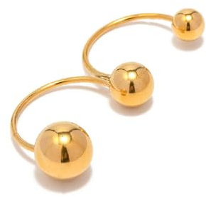 Anello a doppia sfera geometrica da donna, asimmetrico moderno in acciaio inossidabile, gioiello elegante, design unico con imboccatura doppia e ornamento sferico