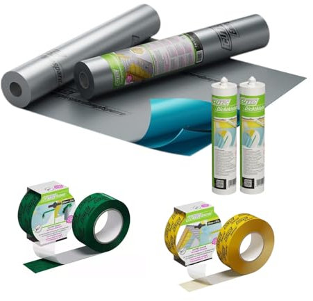 Icutec Dampfsperre Set mit Folie, 25 m² Energiesparend, Dampfsperrsystempaket, Dampfbremsfolie mit Klebeband und Kleber, Dampfbremse Set mit Folienkleber und Klebeband Dampfsperre, Dampfsperrfolie