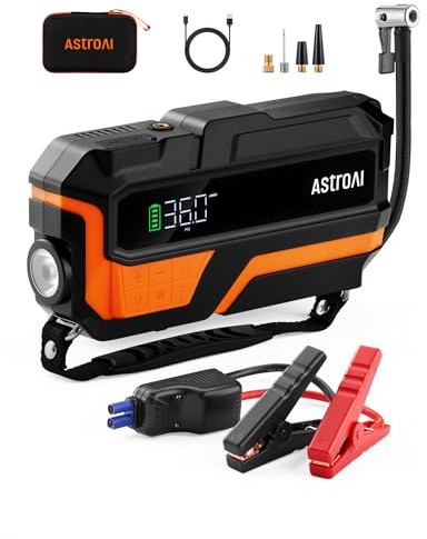 AstroAI Starthilfe Powerbank für pkw mit 150PSI Kompressor für 12 V Autos | Starter powerbank für 8L Benzin/ 6L Diesel, Motorräder, SUVs, Booster Auto Starthilfe mit LED, vollständiges Zubehörset