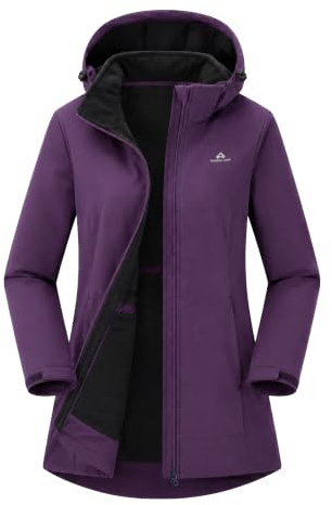 Pioneer Camp Softshell femme longue - vestes de randonnée softshell avec capuche - Imperméable et coupe-vent - Taille réglable - Parka de pluie avec fermeture éclair - Poches pour la randonnée