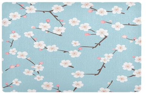 Paillasson antidérapant - Motif fleurs de cerisier blanc - 50 x 80 cm