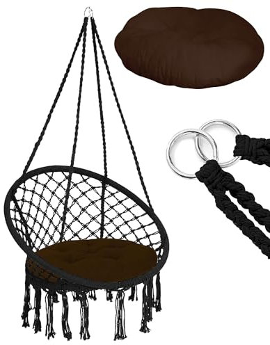 IlGruppone Sedia Sospesa ad Altalena Lavorata a Maglia con Corda in Cotone Frange Macrame Cuscino Sfoderabile Amaca per Interni/Esterni, Patio Terrazzi Cortile Giardino Bar capacità 120 kg - Nero