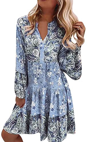 2025 - Damen-Tunika-Kleid im Ethno-Stil, bedruckt, Quaste, zum Binden, lockere Passform, böhmisches Tunika-Kleid, hellblau, 42