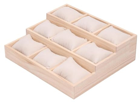 Oshhni Vassoio Espositivo a 9 Griglie per Orologi, Espositore per Braccialetti, Supporti Orologi in Legno con Cuscini per Riporre O Organizzare Bracciali, Orologi, Bracciali, Collane, Beige